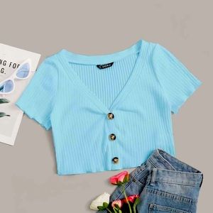 SHEIN | Lettuce Edge Button Up Rib-knit Crop Tee